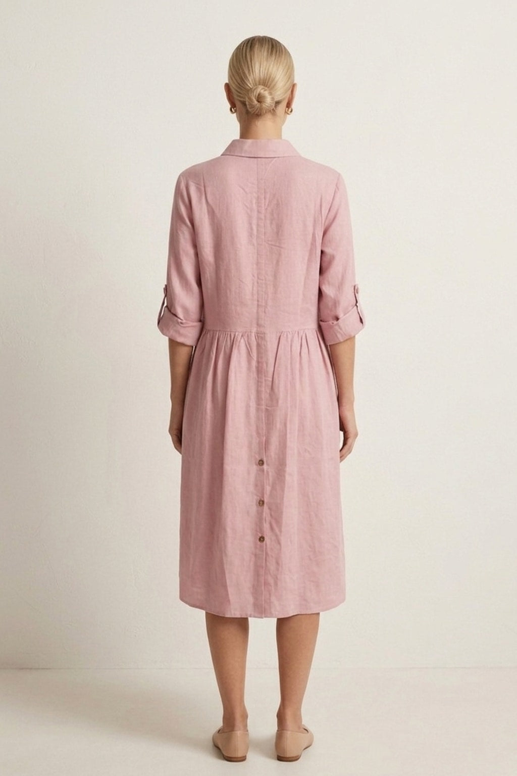 9887 Blush Pink Button-Down Linen Dress with pockets