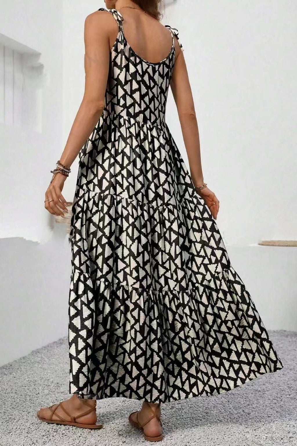 040 Spaghetti Strap Black & White Maxi Tiered Dress
