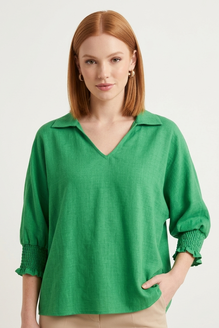5820 Kelly Green Smocked Sleeve Blouse