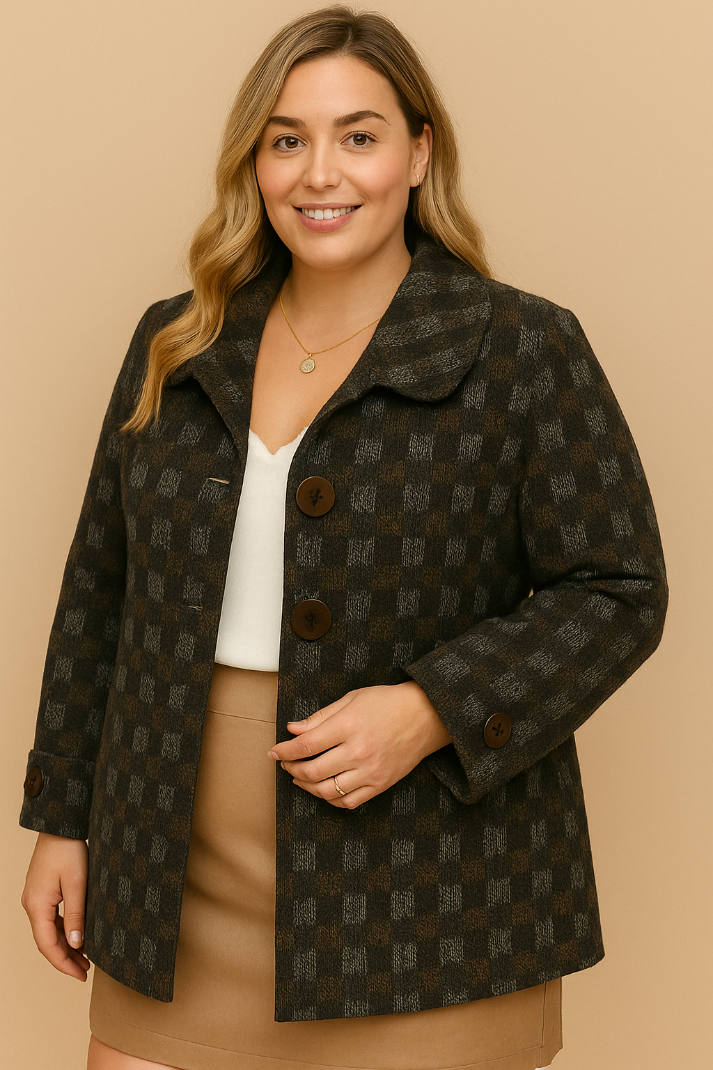 189 PLUS SIZE Black Brown Chic Checkered Coat with Side Pockets