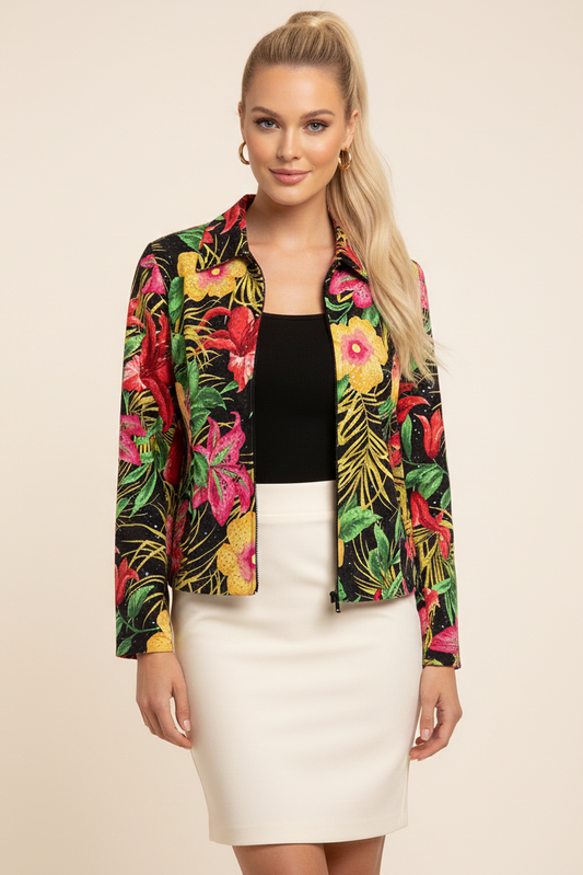 MZM-001 Tropical Floral Print Zip-Up Jacket