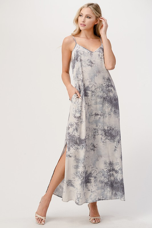 3668 V neck Tye Dye Blue Adjustable Strap Maxi Dress