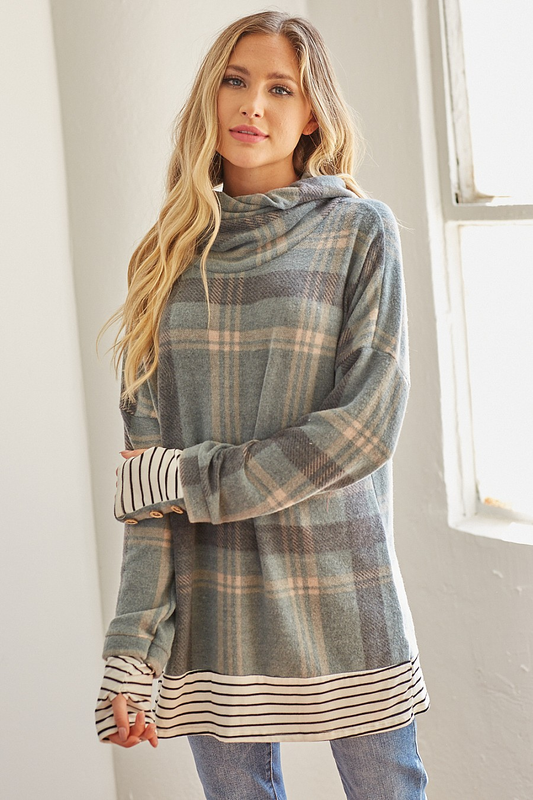 1969 Blue Plaid Tunic W/ Stripe Accent